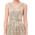 Kate Kasin Camisola sem manga V-Neck Golden Brilhante Sequined Long Evening Dress KK000199-1